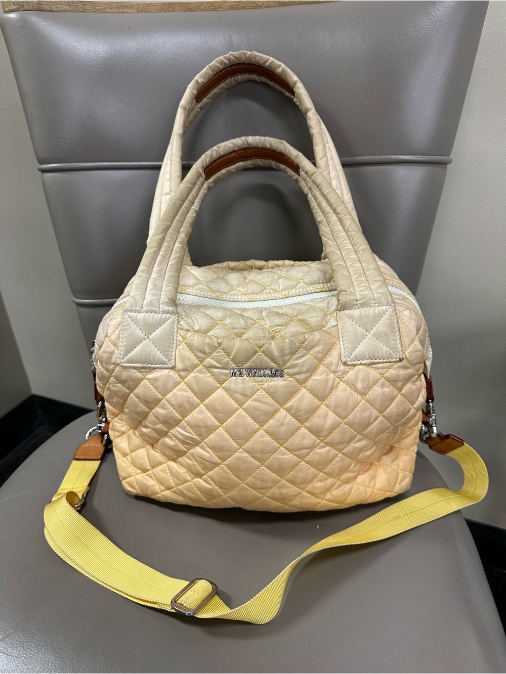 MZ Wallace Quilted Crossbody Satchel in Cream with Yellow Strap